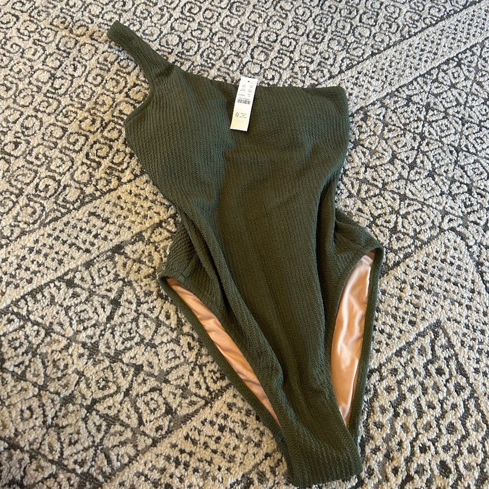 J. Crew Olive Green One-Shoulder Textured One-Piece Swimsuit